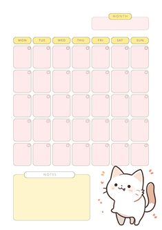 a pink and yellow calendar with a cat next to it on top of a white background