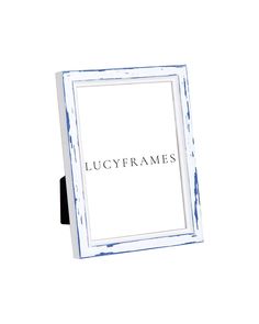 a white and blue frame with the word lucyframes written in silver on it