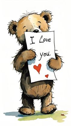 a teddy bear holding a piece of paper with the words i love you written on it