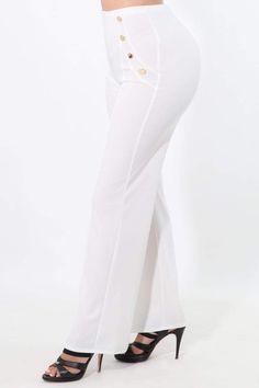 High waist pants with golden buttons on the front. Zipper on the back. Content: 96% Polyester 4%spandex Made in USA Elegant Fitted Bottoms With Gold Buttons, Fitted Bottoms With Gold Buttons For Work, Stretch Pants With Buttons, Stretch Straight Pants With Buttons, Stretch High-waisted Pants With Buttons, White High-waisted Pants With Buttons, White High-waist Non-stretch Bottoms, White High-waisted Bottoms With Elastic Waistband, White Stretch Pants With High-cut Leg