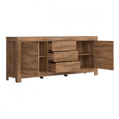 the sideboard is made out of wood and has drawers on one side, and two doors on the other