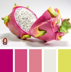 a dragon fruit cut in half on a white surface with color swatches below it