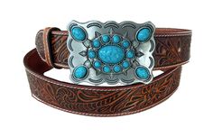 This style features a large western style pewter metal buckle with synthetic turquoise pieces. It has a 100% genuine thick leather belt strap. The belt has an embossed floral design and white stitched edges. The buckle can be removed with two snaps on the end of the belt that are hidden when the belt is worn. You can switch your buckles around (we also sell straps/buckles separately).  It is 100% full grain leather, heavy duty yet supple, made in the USA. Width Measures 1 1/2''  PLEASE SEE PICTU Southwestern Concho Belt Buckles For Ranch, Adjustable Turquoise Western Belt Buckles, Southwestern Hand-tooled Belt Buckle For Western-themed Events, Turquoise Bohemian Belt With Concho, Southwestern Turquoise Concho Belt Buckles, Western Turquoise Belt With Concho, Turquoise Western Belt With Concho, Blue Concho Western Belt Buckles, Western Style Blue Concho Belt Buckles