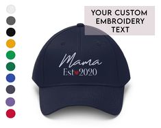 a baseball cap with the name mama est 2090 on it in multiple colors and sizes