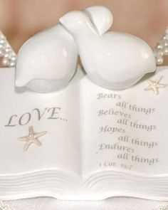 an open book with two white doves on it and pearls around the edges that read love