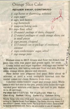 the recipe for orange slice cake is shown in red and black ink on white paper