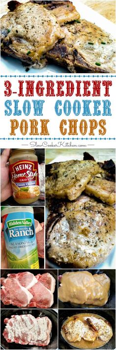 the ingredients for this slow cooker pork chops recipe are shown in different pictures