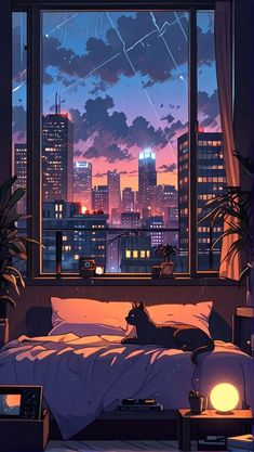 a cat is laying on a bed in front of a window with the city skyline outside