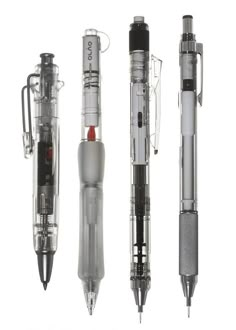 four different types of mechanical pens lined up in a row on a white background with clippings