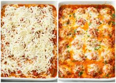 two images showing the same lasagna dish before and after it has been cooked