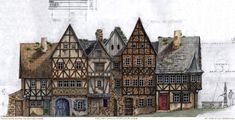 a drawing of an old european house with many windows and balconies on the roof