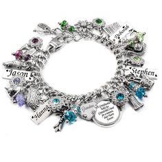 "Honor Mom or Grandma with her own personalized Mothers Bracelet or Grandmothers Bracelet created just to carry her memories. Carry your children and grandchildren in your heart with your own personalized non tarnish family bracelet in stainless steel. Put your names on her wrist with our custom charm bracelet, complete with birthstones. Great for Grandma, Aunt, Great-Grandmother, and any family member!  Includes engraved childrens name, up to 10 names, childs birthstone and 14 silver charms. * Fairytale Bracelet, Grandmother Jewelry, Custom Charm Bracelet, Family Bracelets, Autumn Bracelet, Bracelet Quotes, Mothers Bracelet, Family Jewellery, Jewelry Personalized