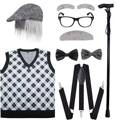 an assortment of clothing and accessories including a hat, tie, glasses, bowtie, cane