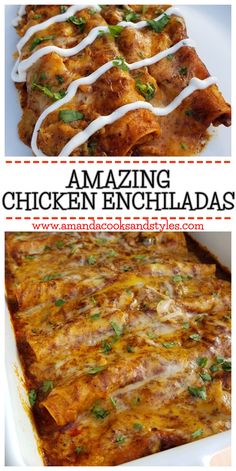 an image of chicken enchiladas in a casserole dish with text overlay