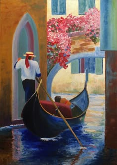 a painting of a gondola with people in it and flowers on the wall