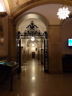 a hallway with an iron gate and chandelier hanging from it's ceiling