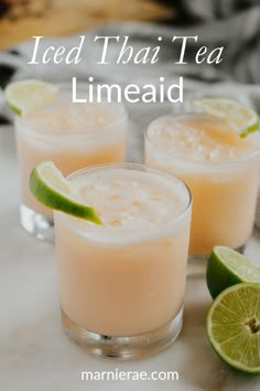 iced thai tea limeade in small glasses with limes on the side and text overlay that reads iced thai tea limeade