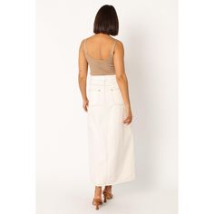 This midi length denim white skirt is the perfect choice for a chic, feminine look. With a front zip fly and button close, you'll love how comfortable and secure it feels. Whether it's for work or play, you can be sure to look your best in this midi length denim skirt. Cotton Midi Denim Skirt For Day Out, Trendy Cotton Midi-length Bottoms, Trendy Cotton Midi Bottoms, Trendy Midi Length Cotton Bottoms, Trendy Midi-length Cotton Bottoms, Chic Midi Denim Skirt For Spring, Chic Spring Denim Midi Skirt, Chic Mid-rise Cotton Denim Skirt, Chic Denim Midi Skirt For Spring