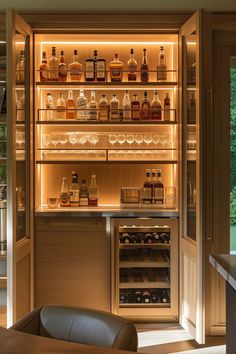 an open bar with bottles and glasses on the shelves