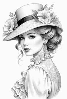 a black and white drawing of a woman wearing a hat with flowers on her head