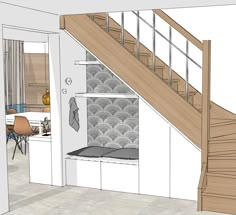 a drawing of a kitchen with stairs leading up to the dining room