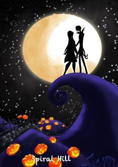 two people standing on top of a hill with pumpkins in front of the moon