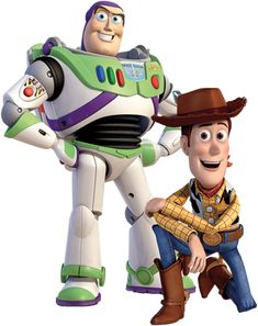 two toy story characters, one with a cowboy hat and the other as buzz lightyear