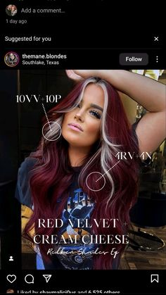 Velvet Hair Color, Red Velvet Hair Color, Red Velvet Hair, Redken Hair Color, Red Blonde Hair, Creative Hair Color, Hair Color Formulas, Money Piece