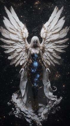 an angel with white wings and blue body surrounded by stars