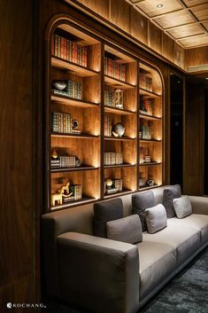 a couch sitting in front of a book shelf filled with books