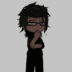 an anime character with glasses and black hair, standing in front of a gray background