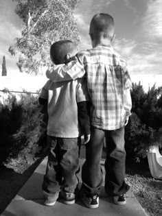 two young boys are standing on a sidewalk looking out at the trees and bushes in front of them