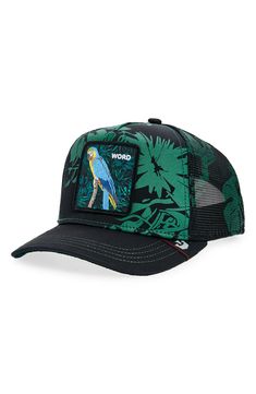 An embroidered patch fronts a classic trucker hat constructed with breathable mesh paneling at the sides and back. Adjustable snapback strap 60% polyester, 35% nylon, 5% cotton Spot clean Imported Casual Mesh Snapback Hat With Embroidered Logo, Green Mesh Trucker Hat Baseball Cap, Green Mesh Snapback Baseball Cap, Green Mesh Trucker Hat, Casual Mesh Baseball Cap With Flat Brim, Casual Green Mesh Baseball Cap, Adjustable Mesh Trucker Hat With Embroidered Logo, Mesh Snapback Hat With Embroidered Logo, Mesh Trucker Hat With Logo Patch For Streetwear