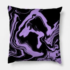 a black and purple pillow with an abstract design on the front, featuring wavy lines