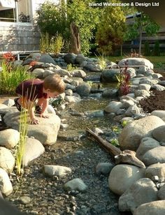 a young boy is playing with rocks in the water near some plants and flowers on the ground