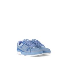 LOUIS VUITTON® - Lv Trainer Sneaker - Blue Louis Vuitton Sneakers Women, Bktherula Aesthetic, Lv Trainers, Lv Trainer Sneaker, Lv Sneakers, Louis Vuitton Gifts, Louis Vuitton Sneakers, Vintage Basketball, Spring Sandals