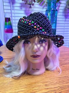 Handmade beaded bucket hat! Fits all head sizes and shapes. Black Beaded Beach Hat, Multicolor Beaded Party Hats, Black Beaded Brimmed Hat, Beaded Black Festival Hat, Handmade Black Bucket Hat With Curved Brim, Black Beaded Festival Hat, Black Beaded Curved Brim Hat, Festival Black Beaded Hat, Handmade Black Wide Brim Bucket Hat