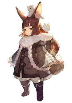 an anime character with long brown hair wearing a fur coat and holding a cat on her head