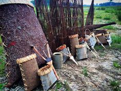 several buckets and shovels are lined up next to a tree in the field