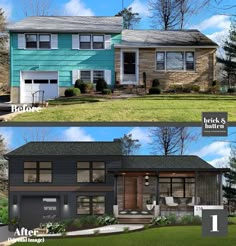 before and after photos of a two story house