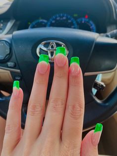 Like Green French Tip, Different Shades Of Green French Tips, Neon Green Nails French Tip, Like Green French Tip Nails, Neon Green French Tip Nails Coffin, Stylish Nails Designs, Long Acrylic Nail Designs