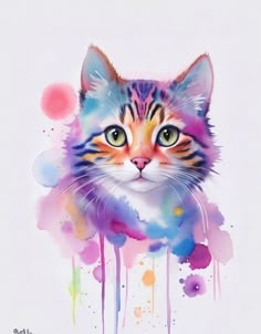 a watercolor painting of a cat's face with multi - colored paint splatters