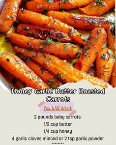 2 pounds baby carrots\n1/2 cup butter\nPreheat oven to 425F. Line a baking sheet with parchment paper. Arrange the carrots on the baking sheet. Mix the butter and garlic and spread all over the carrots. Roast for 25-30 minutes. Season with salt pepper and herbs.\n#GarlicButter #RoastedCarrots #CarrotRecipes #OvenRoastedVegetables #ButterRecipes #HolidaySideDish Garlic Roasted Carrots, Butter Roasted Carrots, Homesteading Food, Carrot Recipes Side Dishes, Grandma Recipes, Roasted Baby Carrots, Roasted Carrots Recipe, Butter Carrots, Facebook Recipes