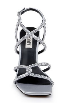 Faceted crystals illuminate the strappy silhouette of a lightly cushioned sandal set on a lofty heel. 3 3/4" heel Adjustable ankle strap with buckle closure; hidden elastic inset Cushioned footbed Textile upper/leather lining and sole Imported Footwear Design, Criss Cross Sandals, Crystal Heels, Strap Sandals Women, Silver Heels, Faceted Crystal, Badgley Mischka, Ankle Strap Sandals, Black Satin