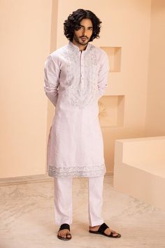 Baby pink linen kurta with zari and metal work embroidery. Paired with a contrasting plain aligadhi. - Aza Fashions Eid Linen Kurta With Embroidered Border, Wedding Linen Kurta With Resham Embroidery, Festive Linen Kurta With Embroidered Border, Linen Chikankari Embroidery Wedding Sets, Festive Linen Traditional Wear With Resham Embroidery, Traditional Linen Sets For Diwali, Wedding Linen Sets With Chikankari Embroidery, Traditional Linen Sets For Weddings, Traditional Linen Wedding Sets