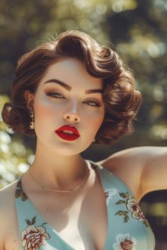 Woman with vintage curls, red lipstick, and floral dress posing outdoors. 1950s Bob Hairstyles, Vintage Glam Hairstyles, Hollywood Glam Short Hair, 50s Hollywood Glam Hair, 1950s Short Hairstyles, Short Pinup Hairstyles, 50s Bob, 1950s Bob