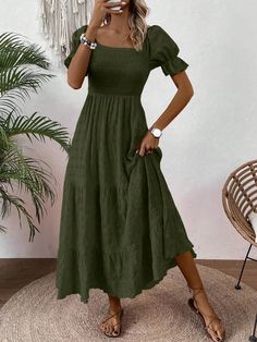 Women's Solid Color Simple Casual Puff Sleeve Dress Olive Green Casual,Boho  Short Sleeve Woven Fabric Plain A Line Slight Stretch  Women Clothing, size features are:Bust: ,Length: ,Sleeve Length: Puff Sleeve Dress, Vert Olive, Puffed Sleeves Dress, Vestido Casual, Women Long Dresses, Boho Casual, Flowy Dress, Kids Beachwear, Dress P