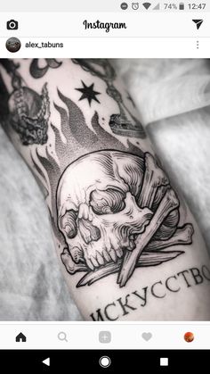 a black and white tattoo with a skull on it