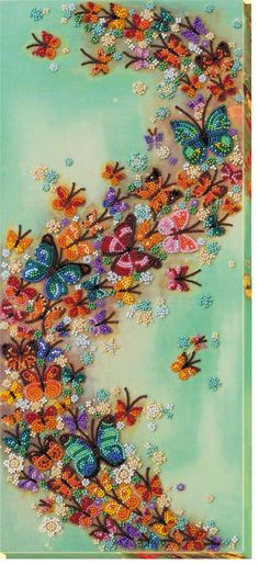 an artistic painting with butterflies and flowers on the bottom, in blue green background photo