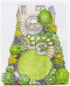 a drawing of a garden with steps leading up to the house